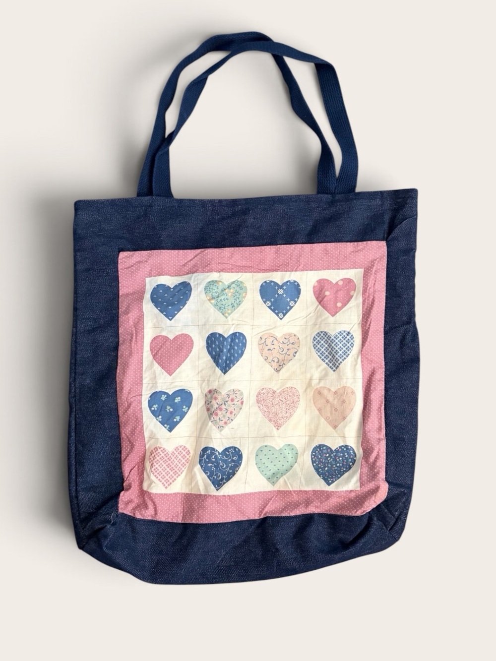 Handmade Upcycled Denim Tote Bag Patchwork Quilt Hearts Jean Pockets Cottagecore